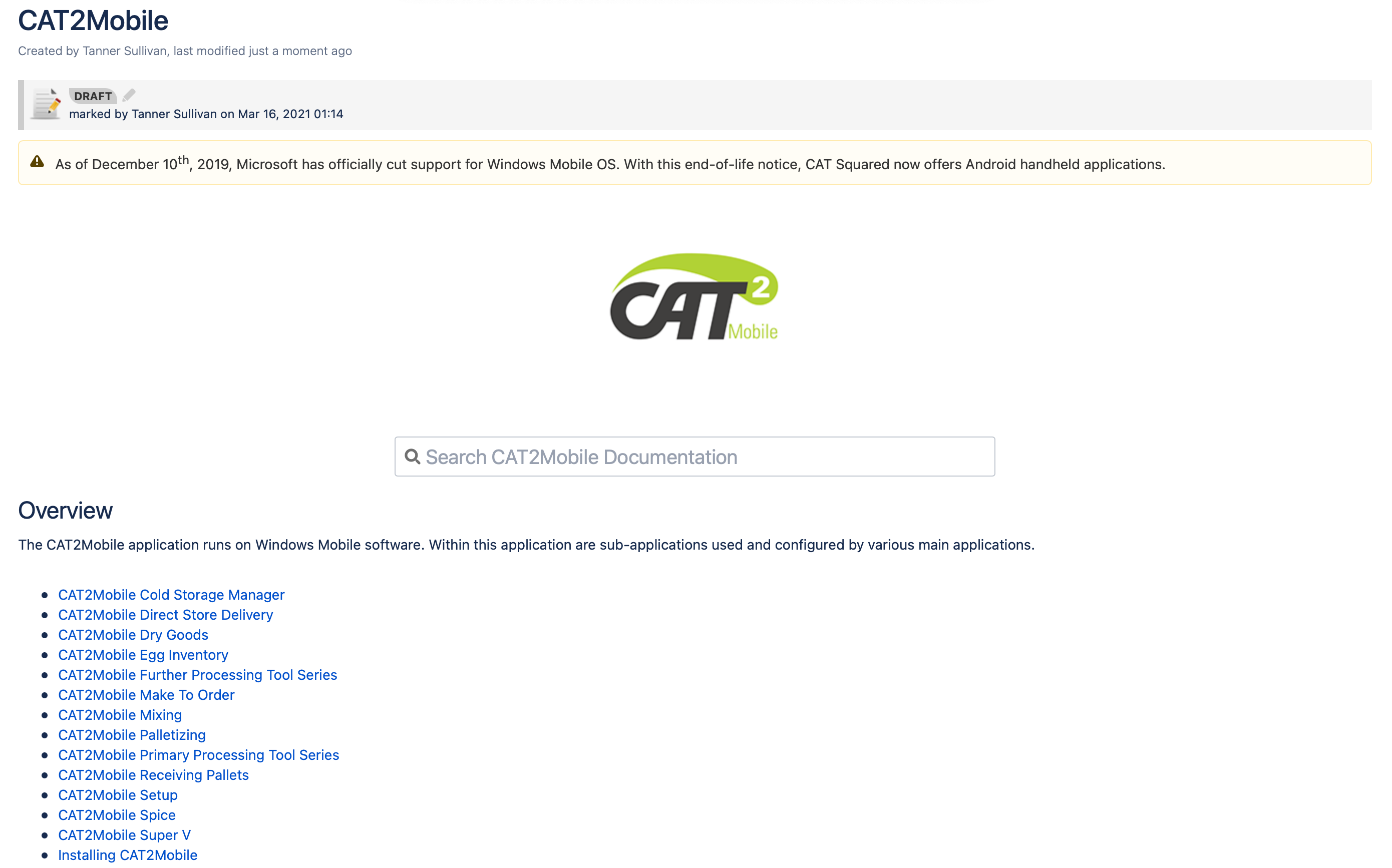 Screenshot of Confluence Documentation Space with CAT2 logo and search bar.
